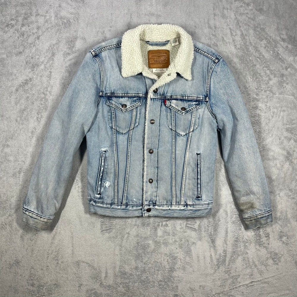Levi's Sherpa Lined Denim Trucker Jacket Mens Small Light‎ Wash Distressed